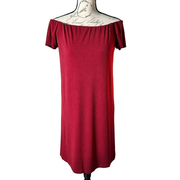 Bishop + Young | Burgundy Off-Shoulder Knee-Length Dress - M - Picture 2 of 8